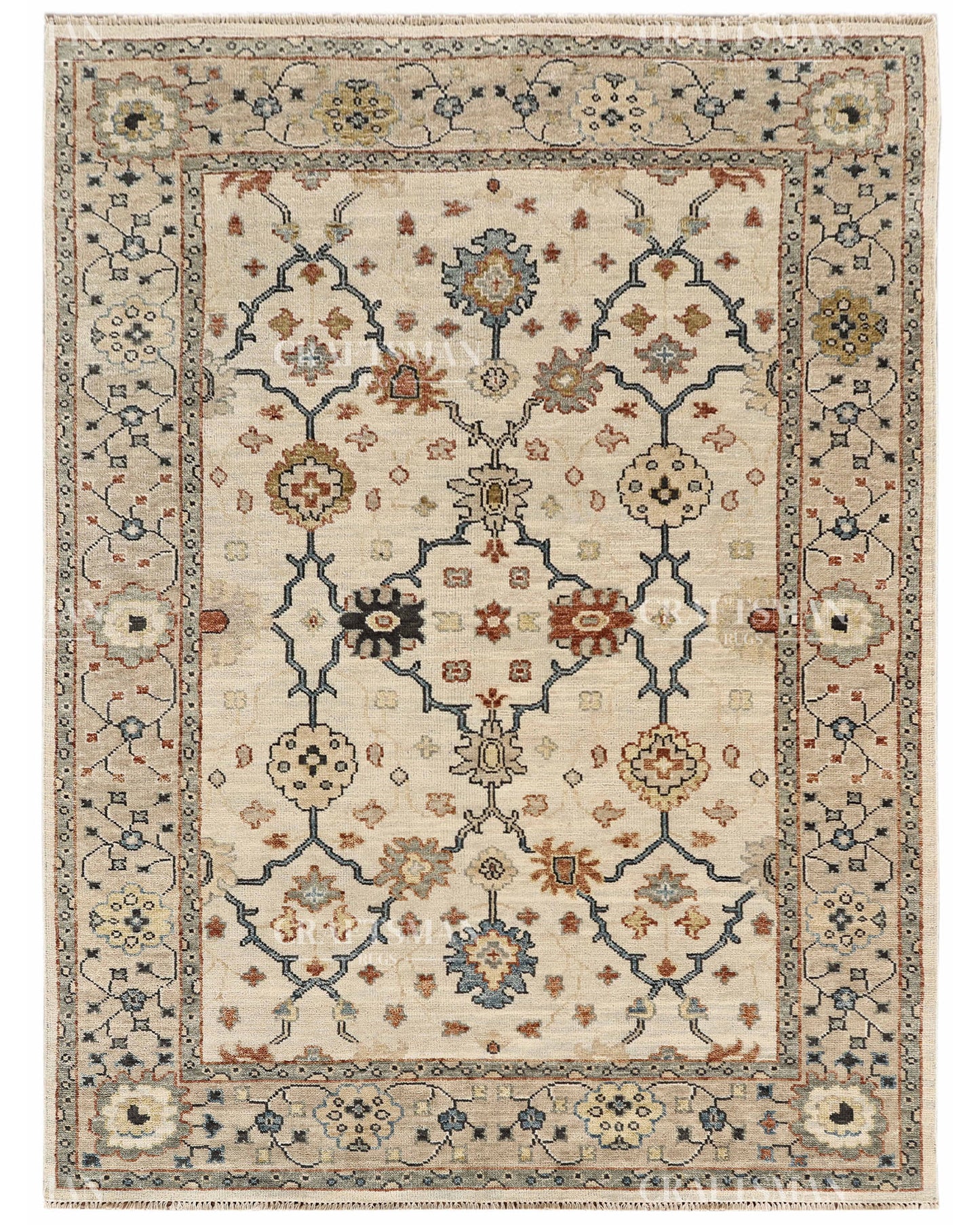 Hand Knotted Vintage Persian Oushak Style Rug – Ivory Blue Floral Wool Area Rug
