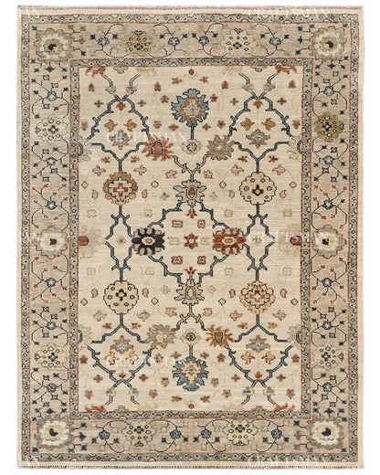 Hand Knotted Vintage Persian Oushak Style Rug – Ivory Blue Floral Wool Area Rug