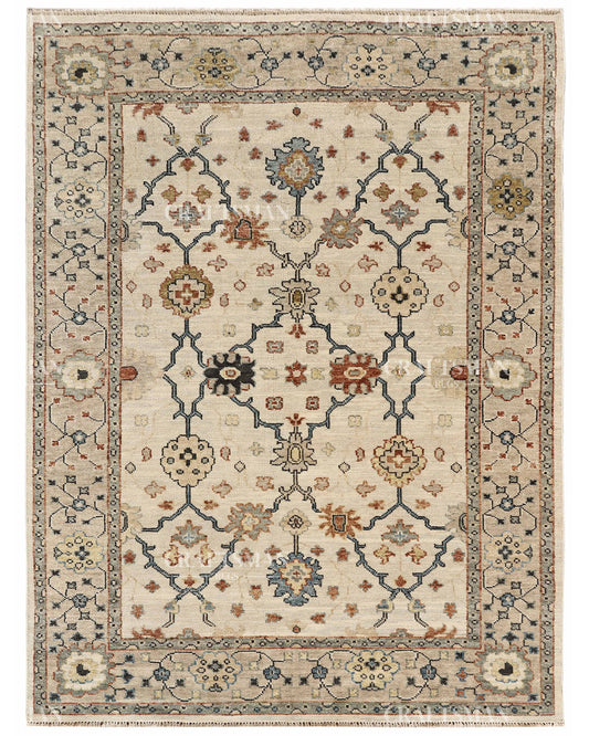 Hand Knotted Vintage Persian Oushak Style Rug – Ivory Blue Floral Wool Area Rug