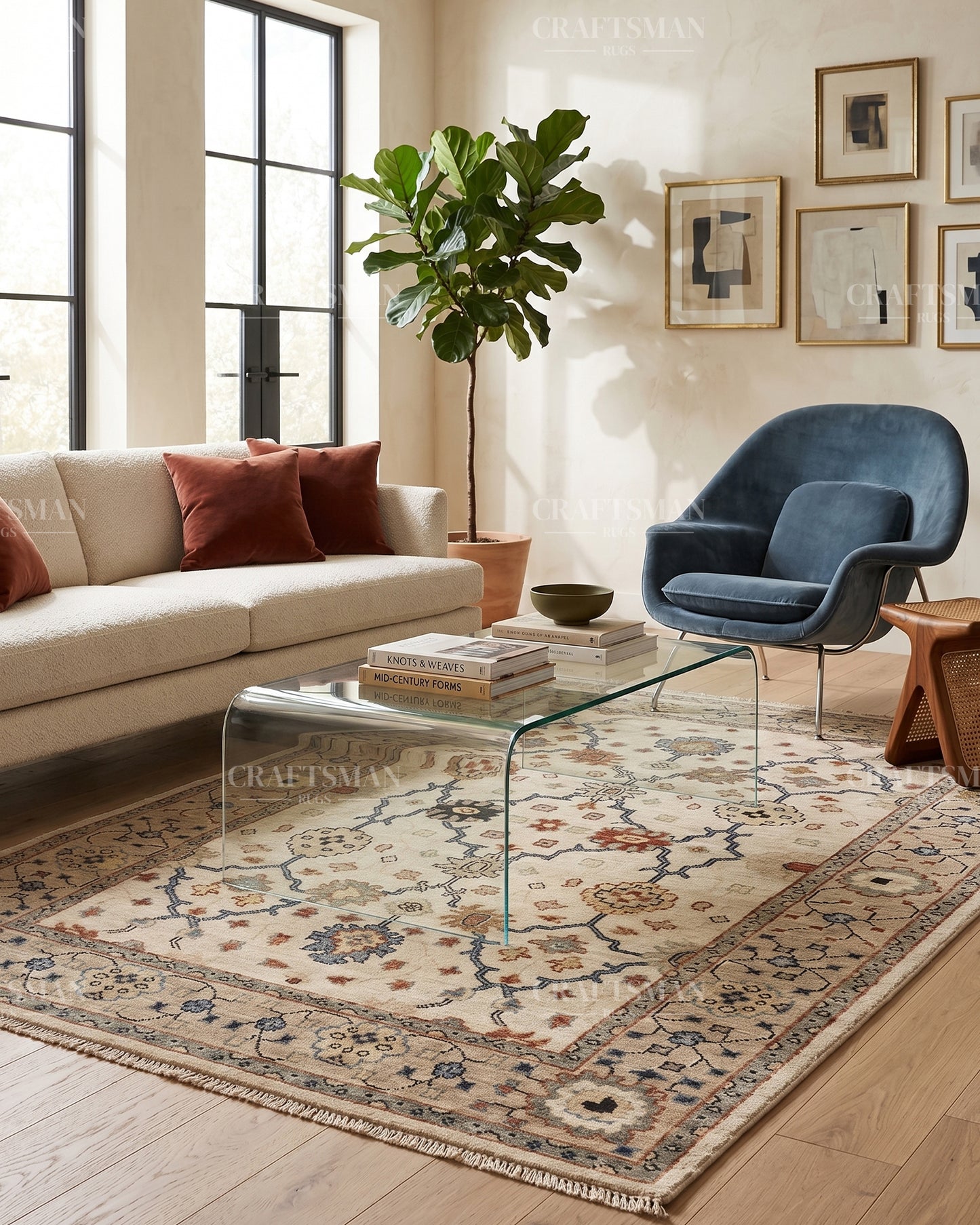 Hand Knotted Vintage Persian Oushak Style Rug – Ivory Blue Floral Wool Area Rug