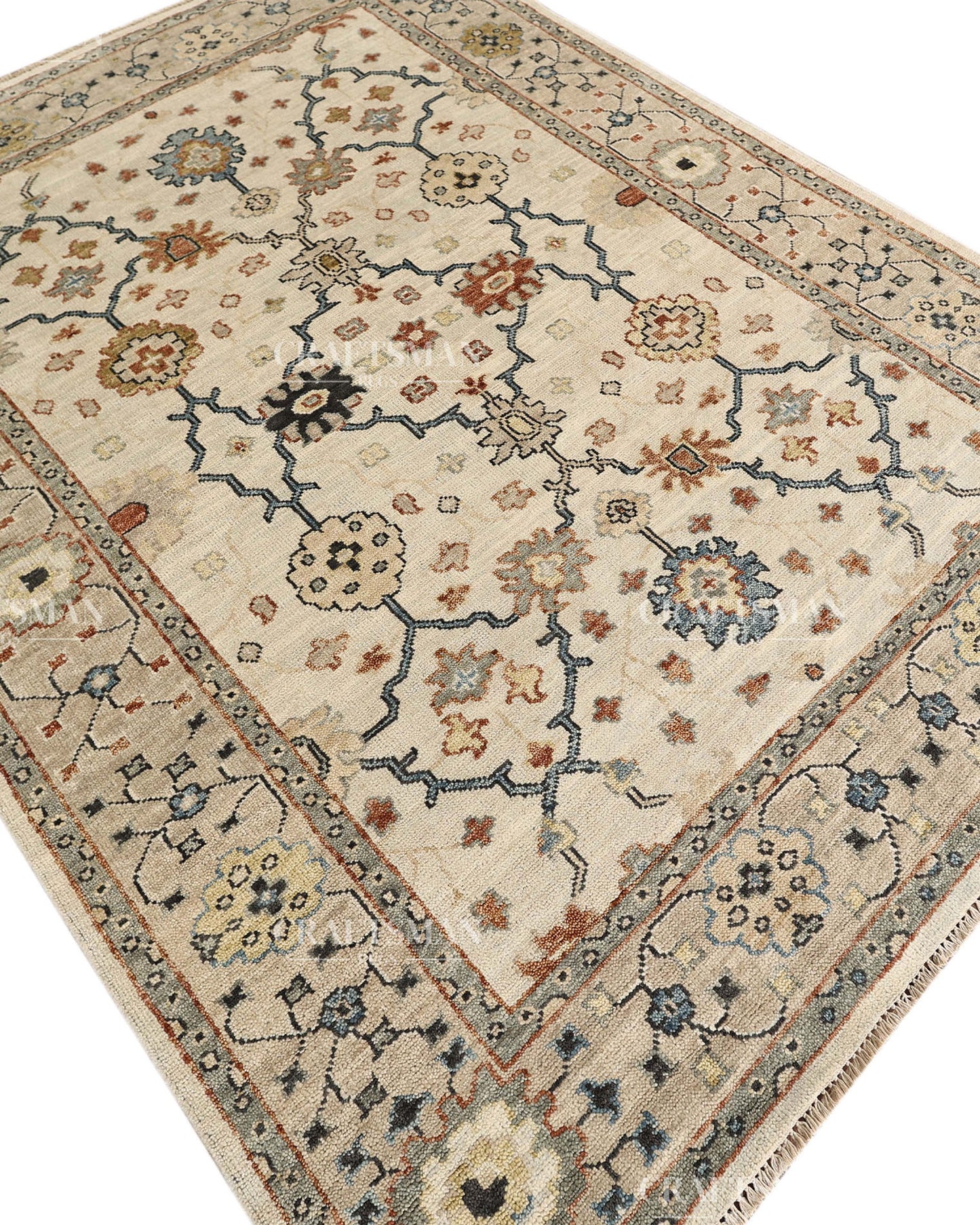 Hand Knotted Vintage Persian Oushak Style Rug – Ivory Blue Floral Wool Area Rug