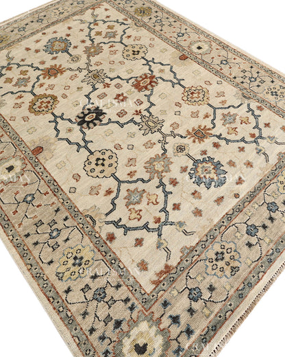 Hand Knotted Vintage Persian Oushak Style Rug – Ivory Blue Floral Wool Area Rug