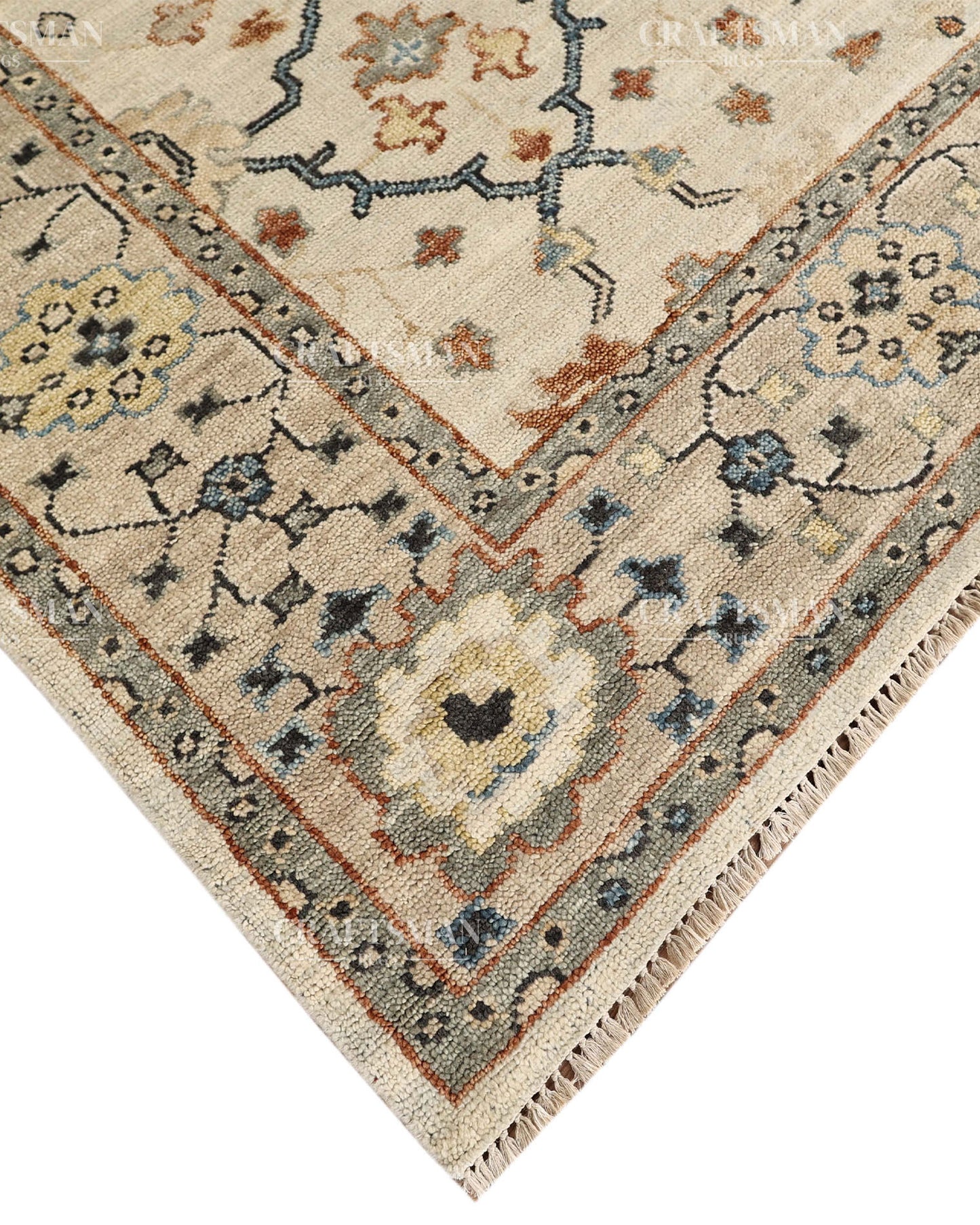Hand Knotted Vintage Persian Oushak Style Rug – Ivory Blue Floral Wool Area Rug