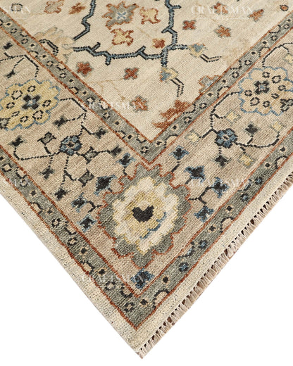 Hand Knotted Vintage Persian Oushak Style Rug – Ivory Blue Floral Wool Area Rug