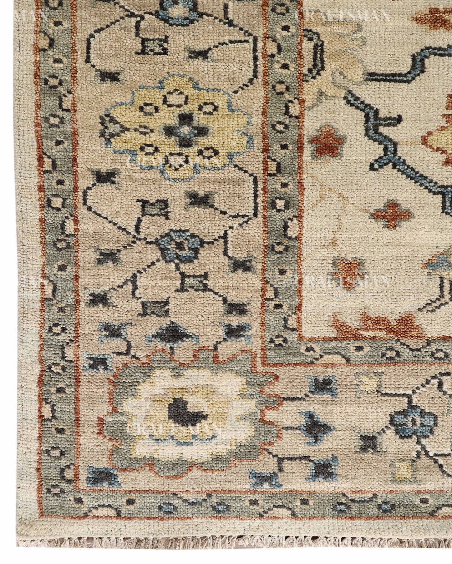 Hand Knotted Vintage Persian Oushak Style Rug – Ivory Blue Floral Wool Area Rug