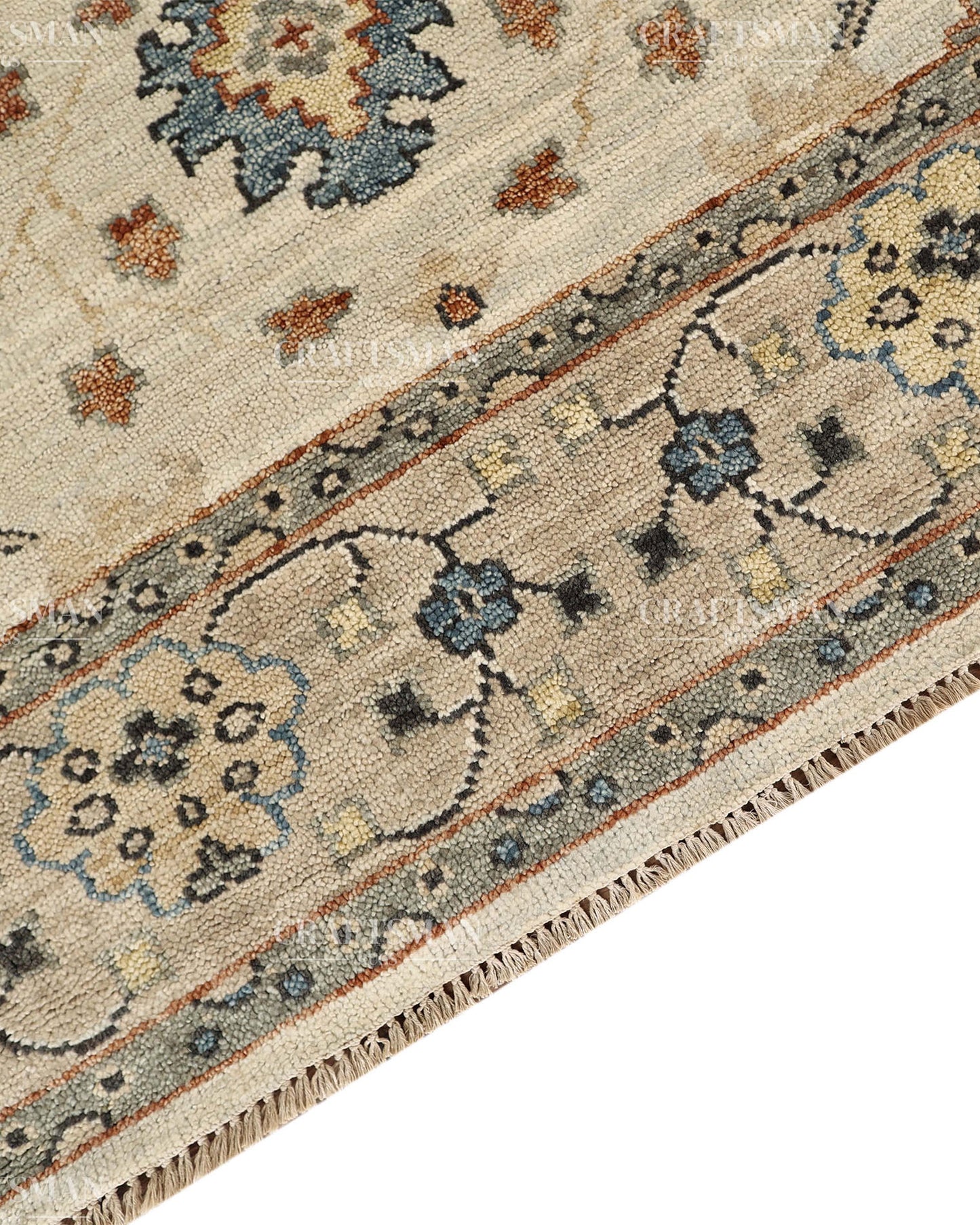 Hand Knotted Vintage Persian Oushak Style Rug – Ivory Blue Floral Wool Area Rug