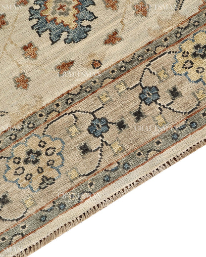 Hand Knotted Vintage Persian Oushak Style Rug – Ivory Blue Floral Wool Area Rug