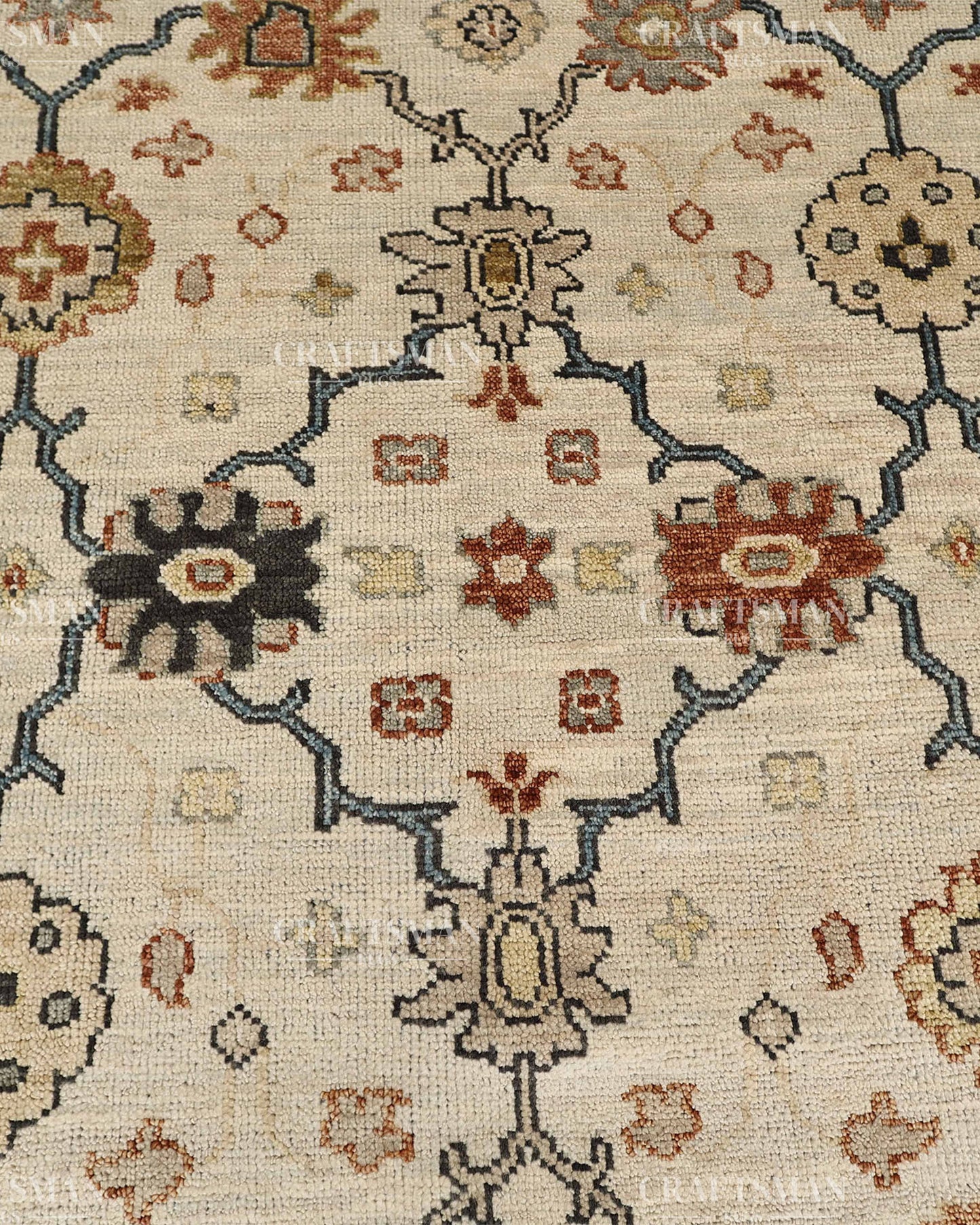 Hand Knotted Vintage Persian Oushak Style Rug – Ivory Blue Floral Wool Area Rug