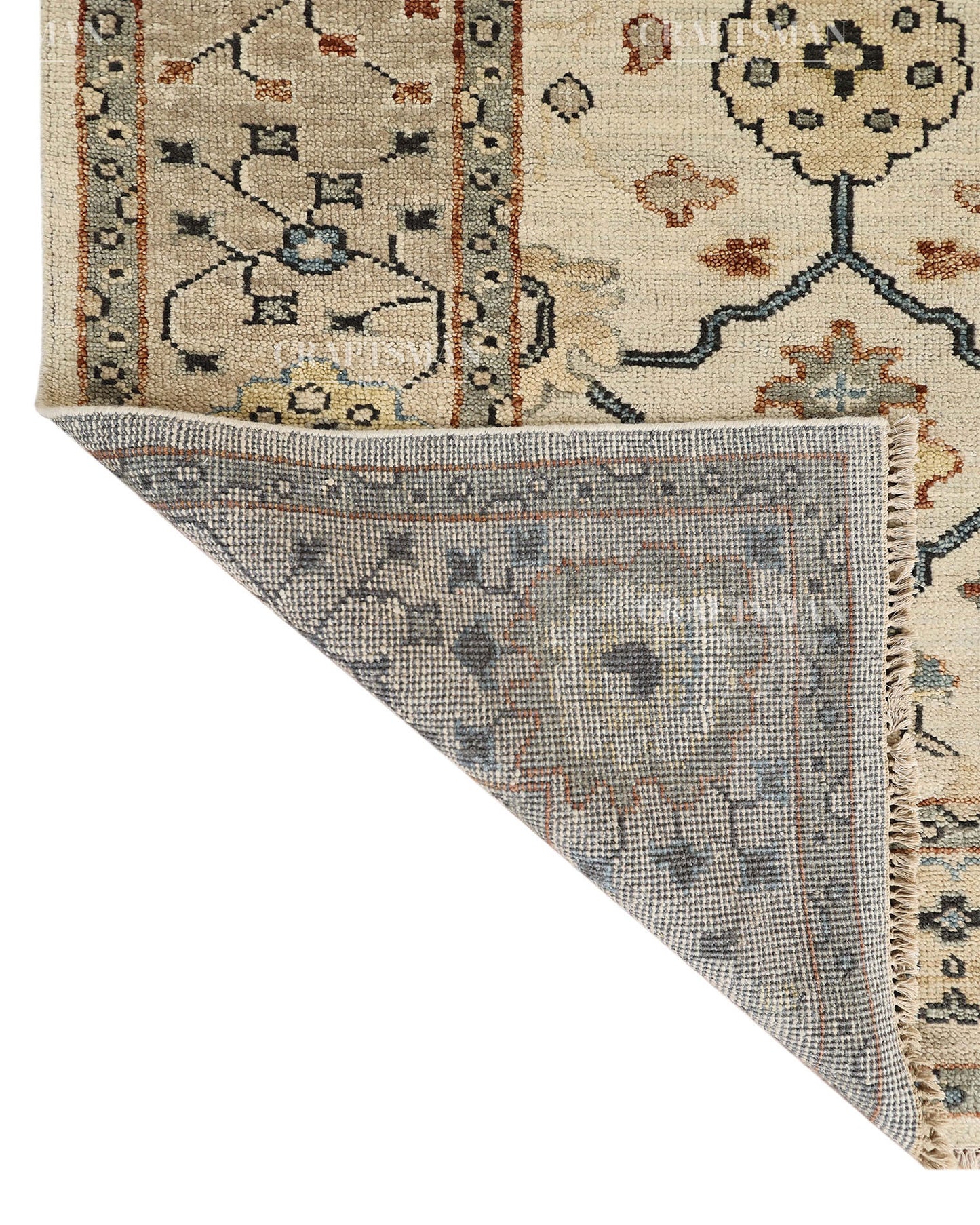 Hand Knotted Vintage Persian Oushak Style Rug – Ivory Blue Floral Wool Area Rug