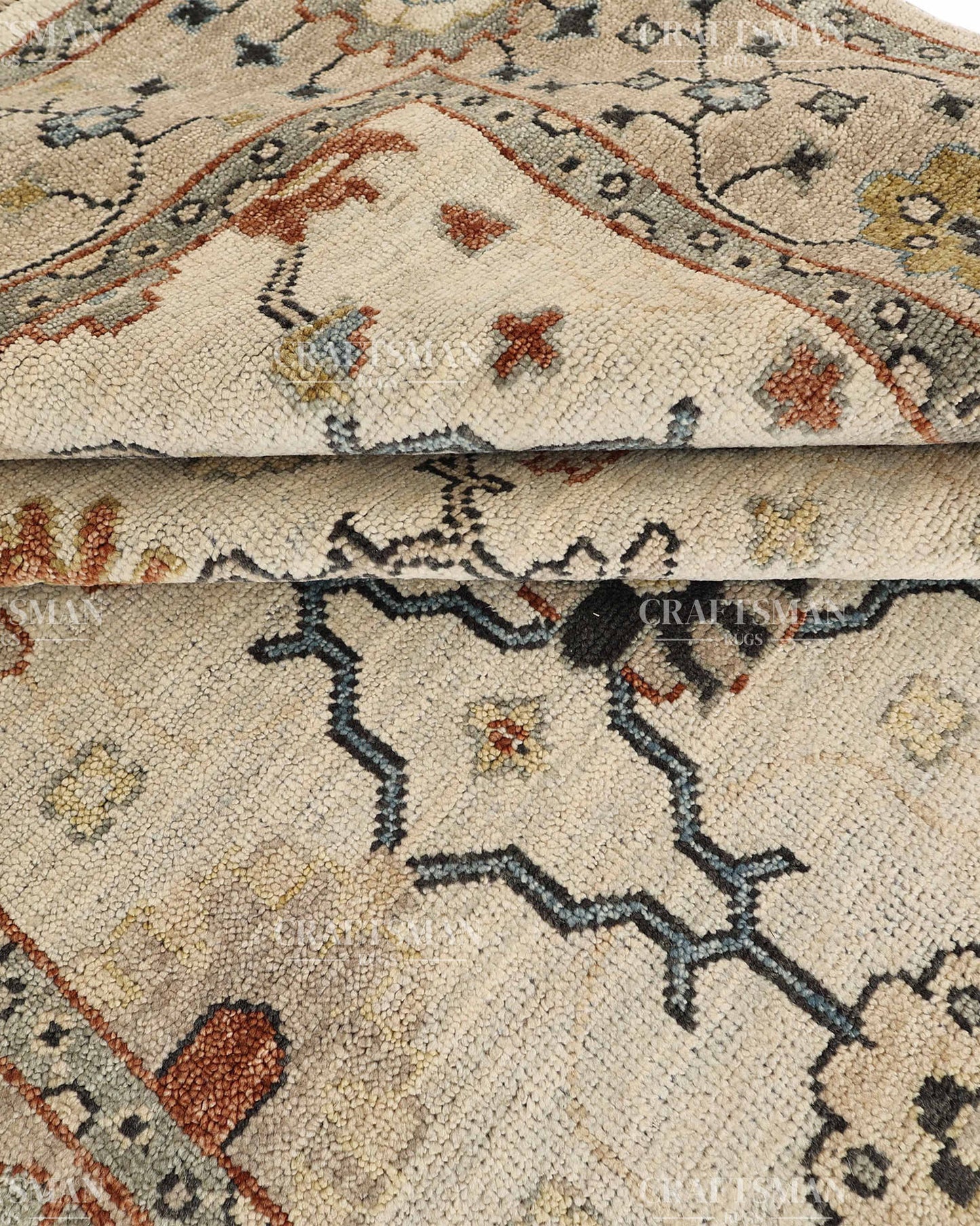 Hand Knotted Vintage Persian Oushak Style Rug – Ivory Blue Floral Wool Area Rug