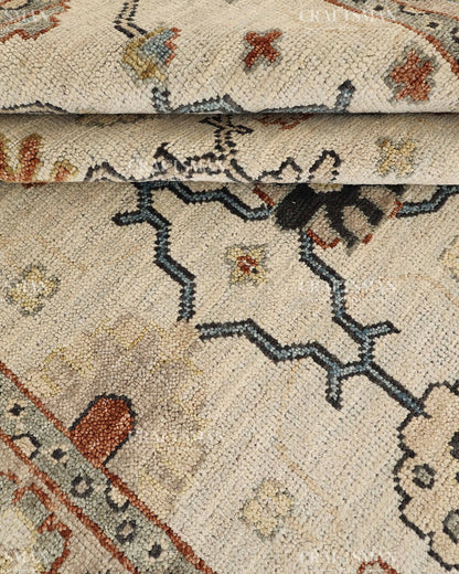 Hand Knotted Vintage Persian Oushak Style Rug – Ivory Blue Floral Wool Area Rug