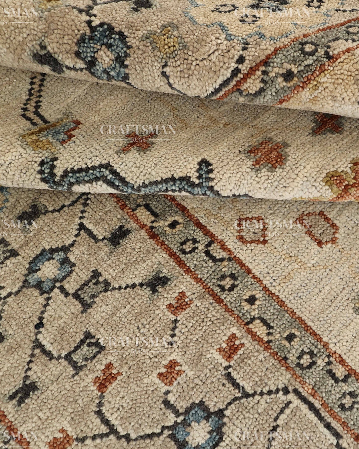 Hand Knotted Vintage Persian Oushak Style Rug – Ivory Blue Floral Wool Area Rug
