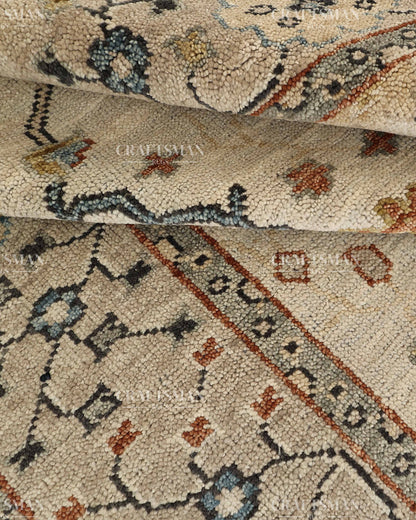 Hand Knotted Vintage Persian Oushak Style Rug – Ivory Blue Floral Wool Area Rug
