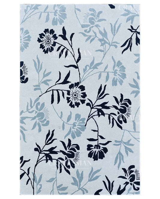 Modern Botanical Hand Tufted Wool Rug – Blue & Ivory Floral Design