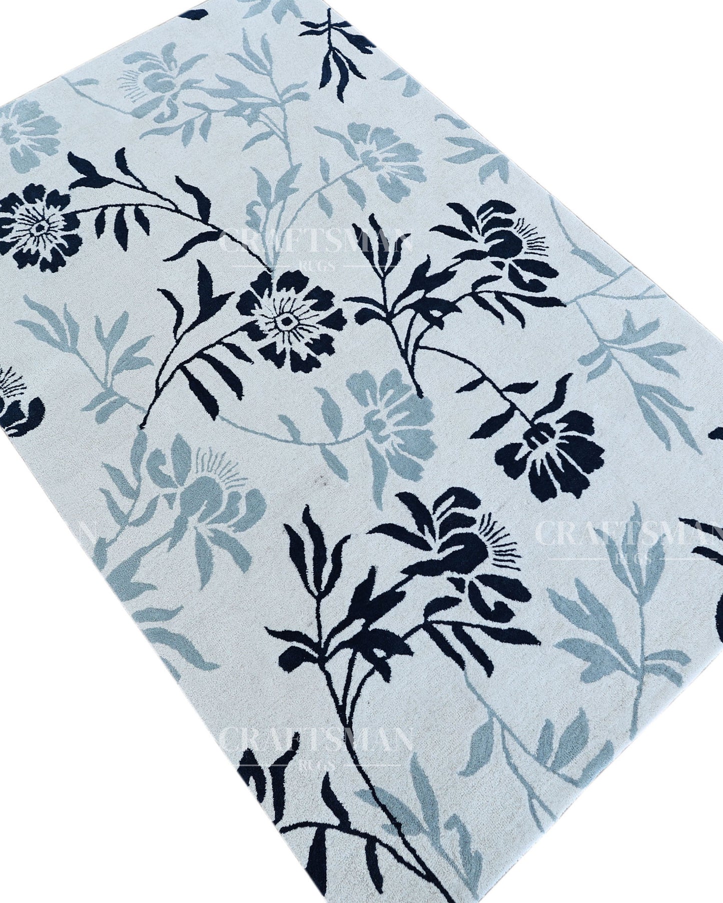 Hand Tufted Cut Pile Rug – Blue Floral Vine Design – Made to Order Premium Wool Area Rug