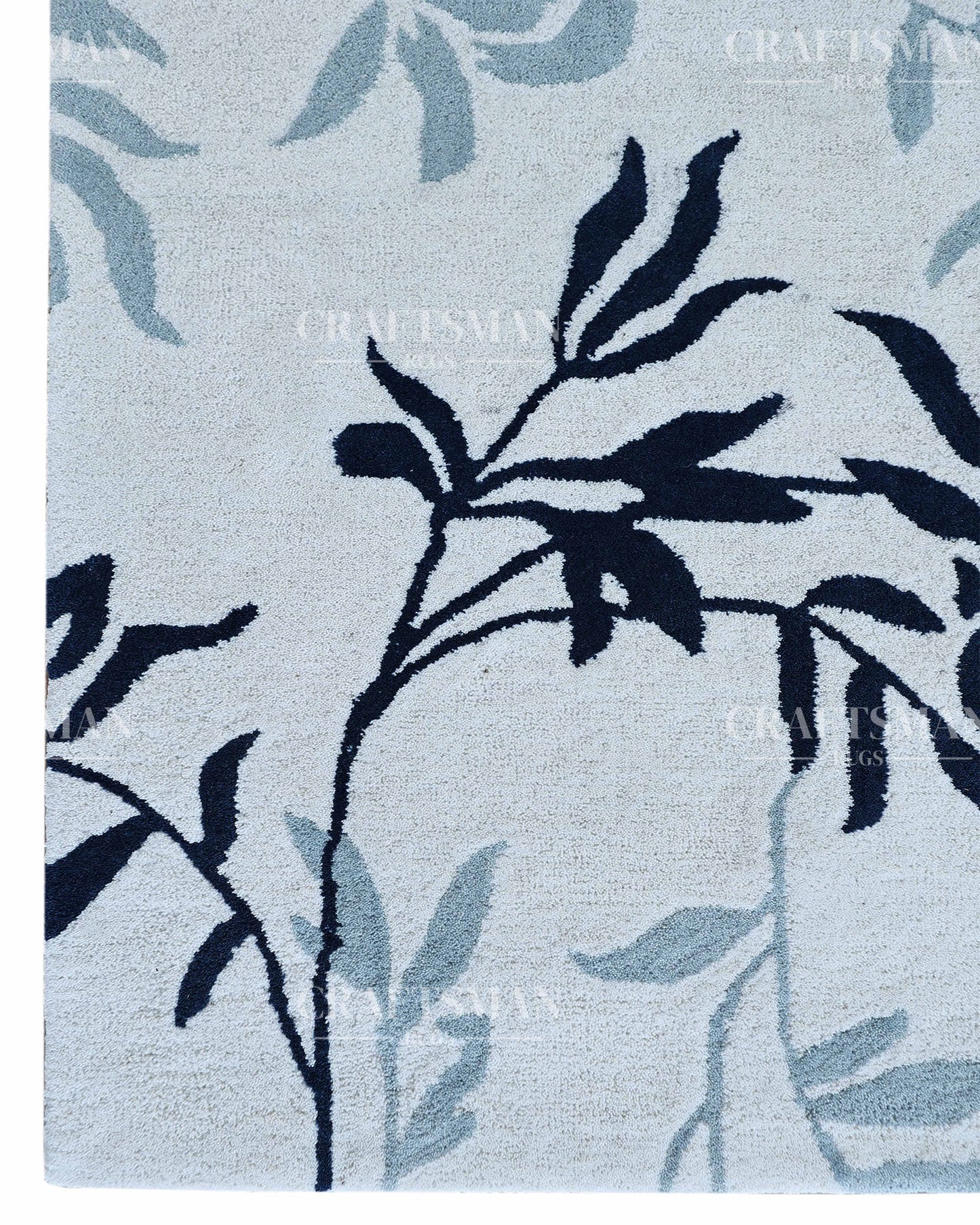 Modern Botanical Hand Tufted Wool Rug – Blue & Ivory Floral Design