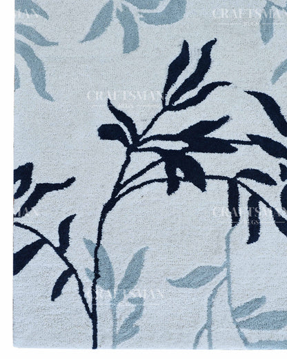 Modern Botanical Hand Tufted Wool Rug – Blue & Ivory Floral Design