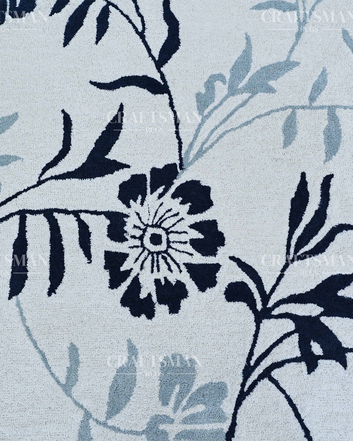Hand Tufted Cut Pile Rug – Blue Floral Vine Design – Made to Order Premium Wool Area Rug