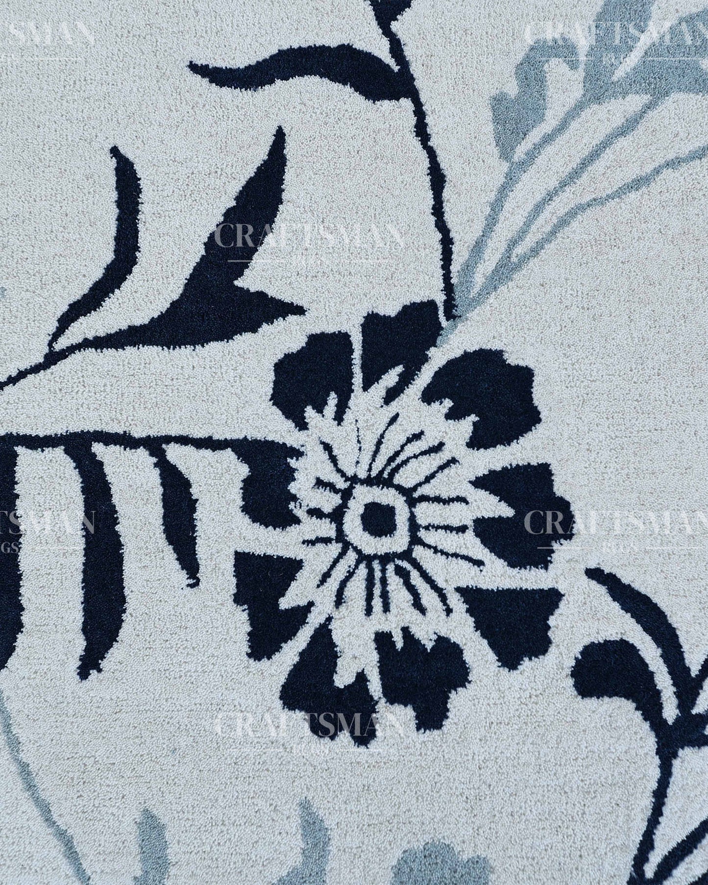 Modern Botanical Hand Tufted Wool Rug – Blue & Ivory Floral Design