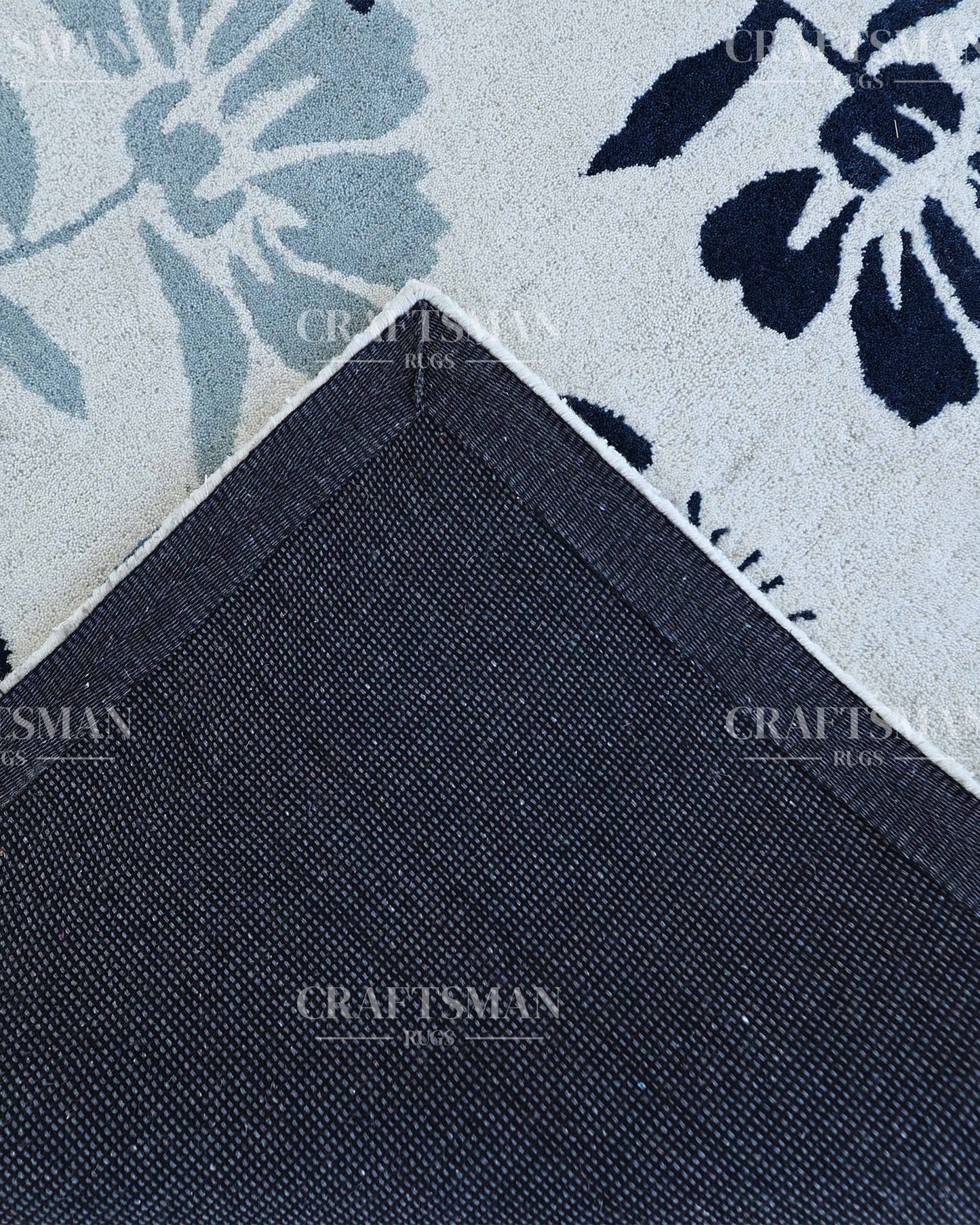 Hand Tufted Cut Pile Rug – Blue Floral Vine Design – Made to Order Premium Wool Area Rug