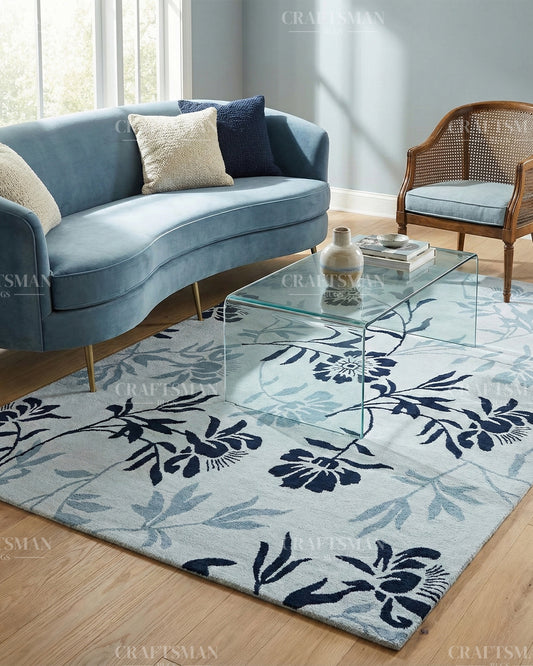 Modern Botanical Hand Tufted Wool Rug – Blue & Ivory Floral Design