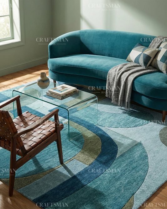 Modern Abstract Hand Tufted Wool Rug – Blue & Teal Geometric Design – Made to Order