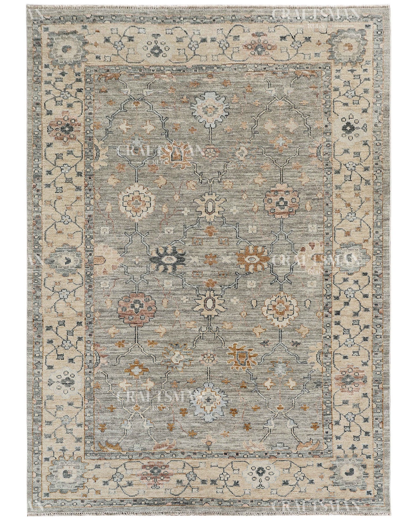 Hand Knotted Vintage Persian Oushak Style Rug – Gray Blue Floral Wool Area Rug