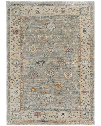 Hand Knotted Vintage Persian Oushak Style Rug – Gray Blue Floral Wool Area Rug