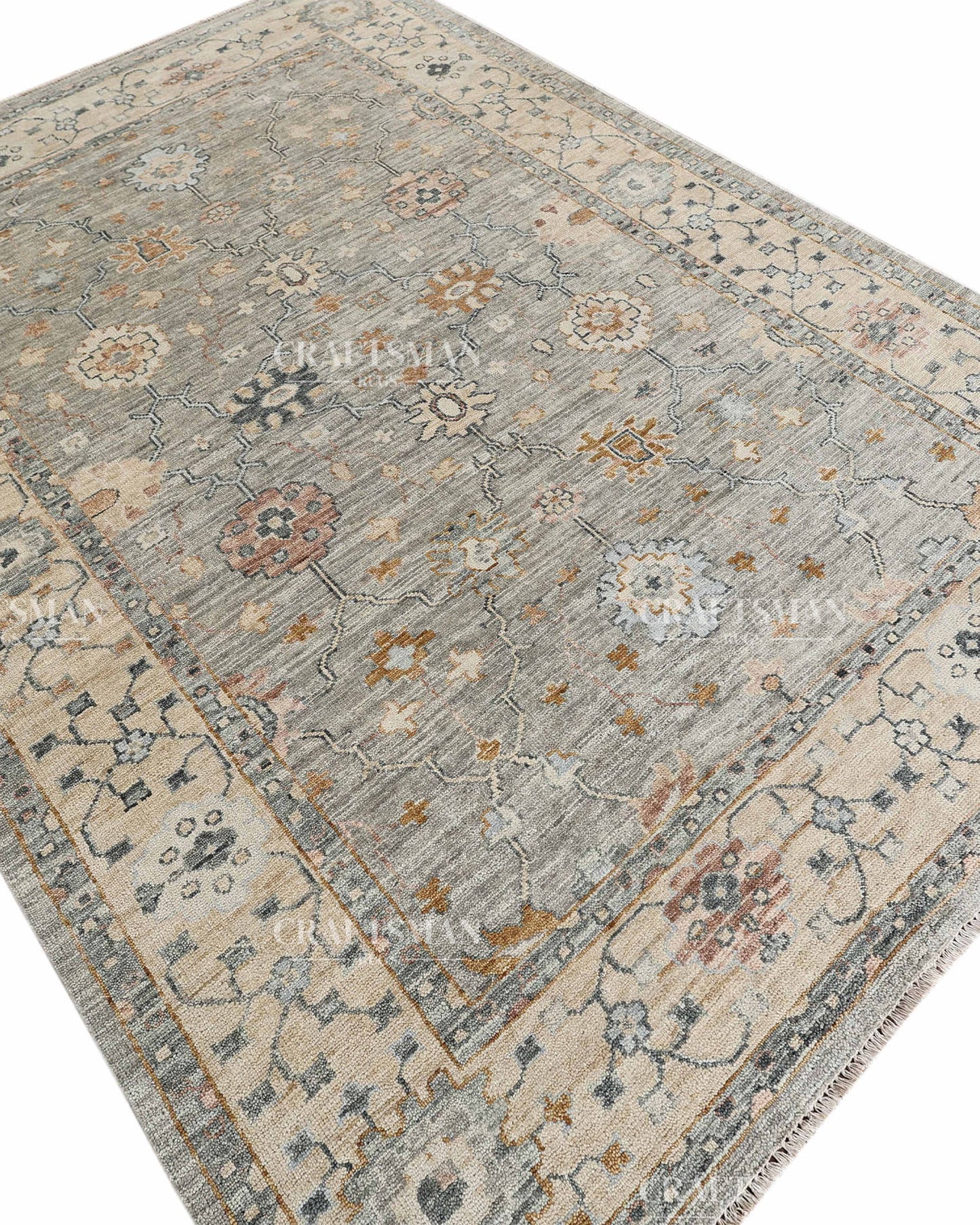 Hand Knotted Vintage Persian Oushak Style Rug – Gray Blue Floral Wool Area Rug