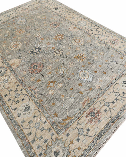 Hand Knotted Vintage Persian Oushak Style Rug – Gray Blue Floral Wool Area Rug