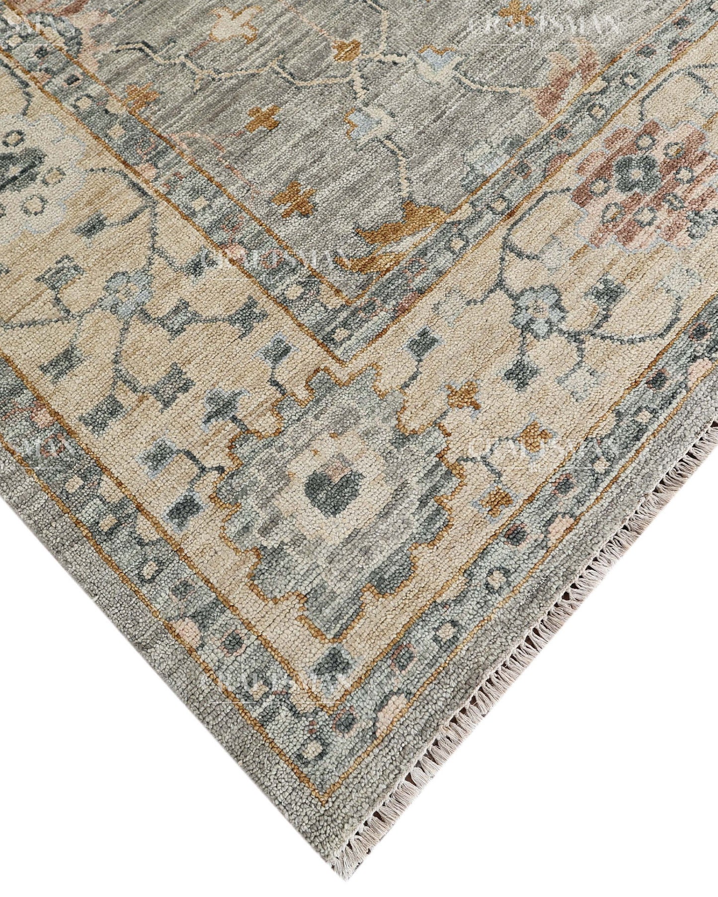 Hand Knotted Vintage Persian Oushak Style Rug – Gray Blue Floral Wool Area Rug
