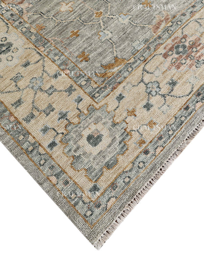 Hand Knotted Vintage Persian Oushak Style Rug – Gray Blue Floral Wool Area Rug