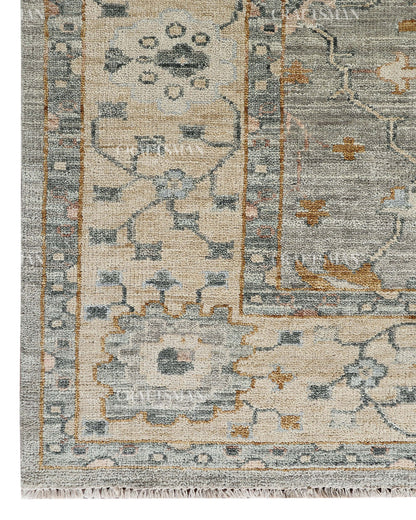 Hand Knotted Vintage Persian Oushak Style Rug – Gray Blue Floral Wool Area Rug