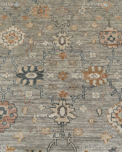 Hand Knotted Vintage Persian Oushak Style Rug – Gray Blue Floral Wool Area Rug
