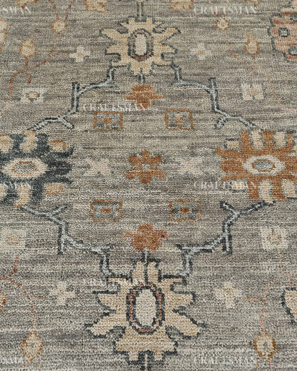 Hand Knotted Vintage Persian Oushak Style Rug – Gray Blue Floral Wool Area Rug