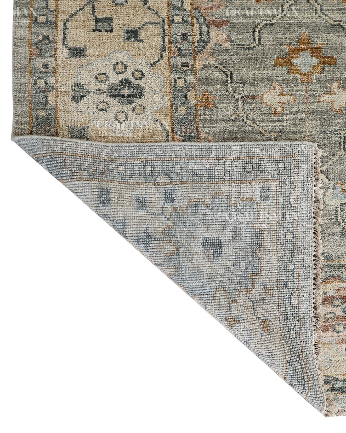 Hand Knotted Vintage Persian Oushak Style Rug – Gray Blue Floral Wool Area Rug