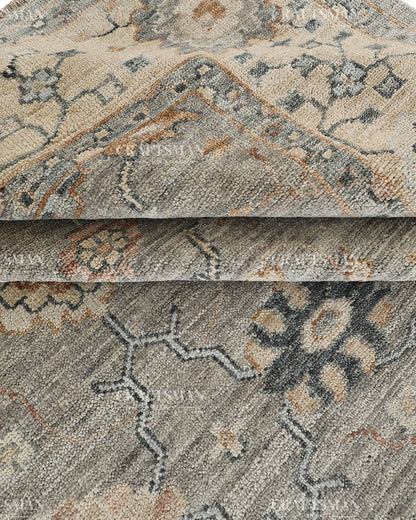Hand Knotted Vintage Persian Oushak Style Rug – Gray Blue Floral Wool Area Rug