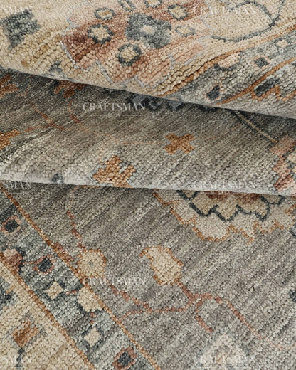 Hand Knotted Vintage Persian Oushak Style Rug – Gray Blue Floral Wool Area Rug