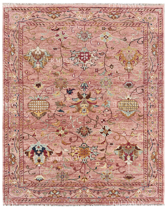 Hand Knotted Vintage Persian Oushak Style Floral Rug – Pink Multicolor Wool Area Rug