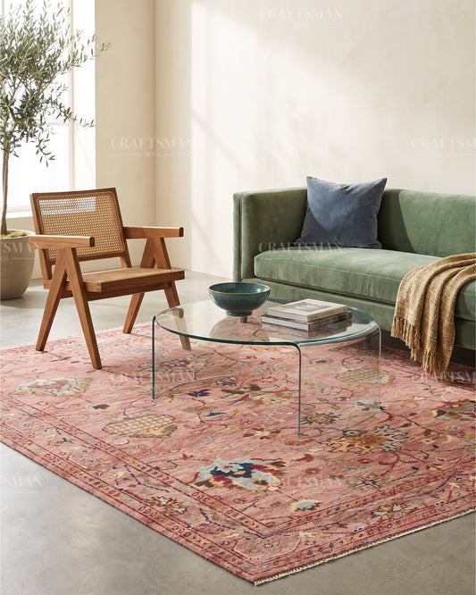 Hand Knotted Vintage Persian Oushak Style Floral Rug – Pink Multicolor Wool Area Rug