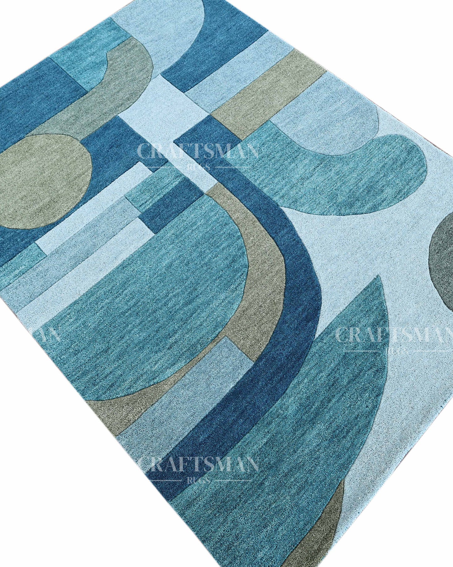Modern Abstract Hand Tufted Wool Rug – Blue & Teal Geometric Design – Made to Order