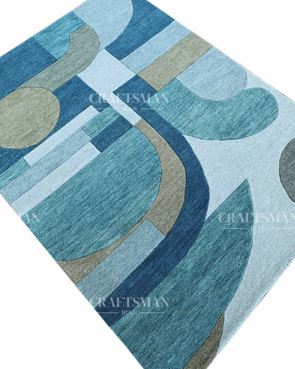 Modern Abstract Hand Tufted Wool Rug – Blue & Teal Geometric Design – Made to Order