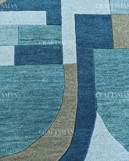 Modern Abstract Hand Tufted Wool Rug – Blue & Teal Geometric Design – Made to Order