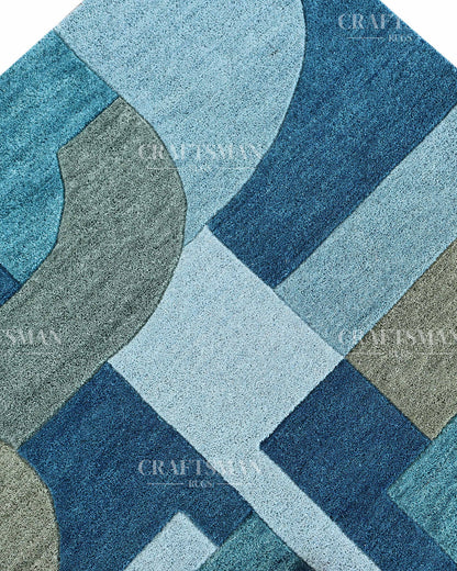 Modern Abstract Hand Tufted Wool Rug – Blue & Teal Geometric Design – Made to Order