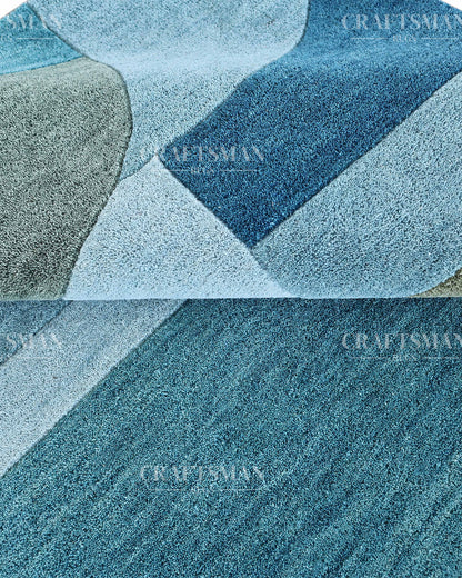 Modern Abstract Hand Tufted Wool Rug – Blue & Teal Geometric Design – Made to Order