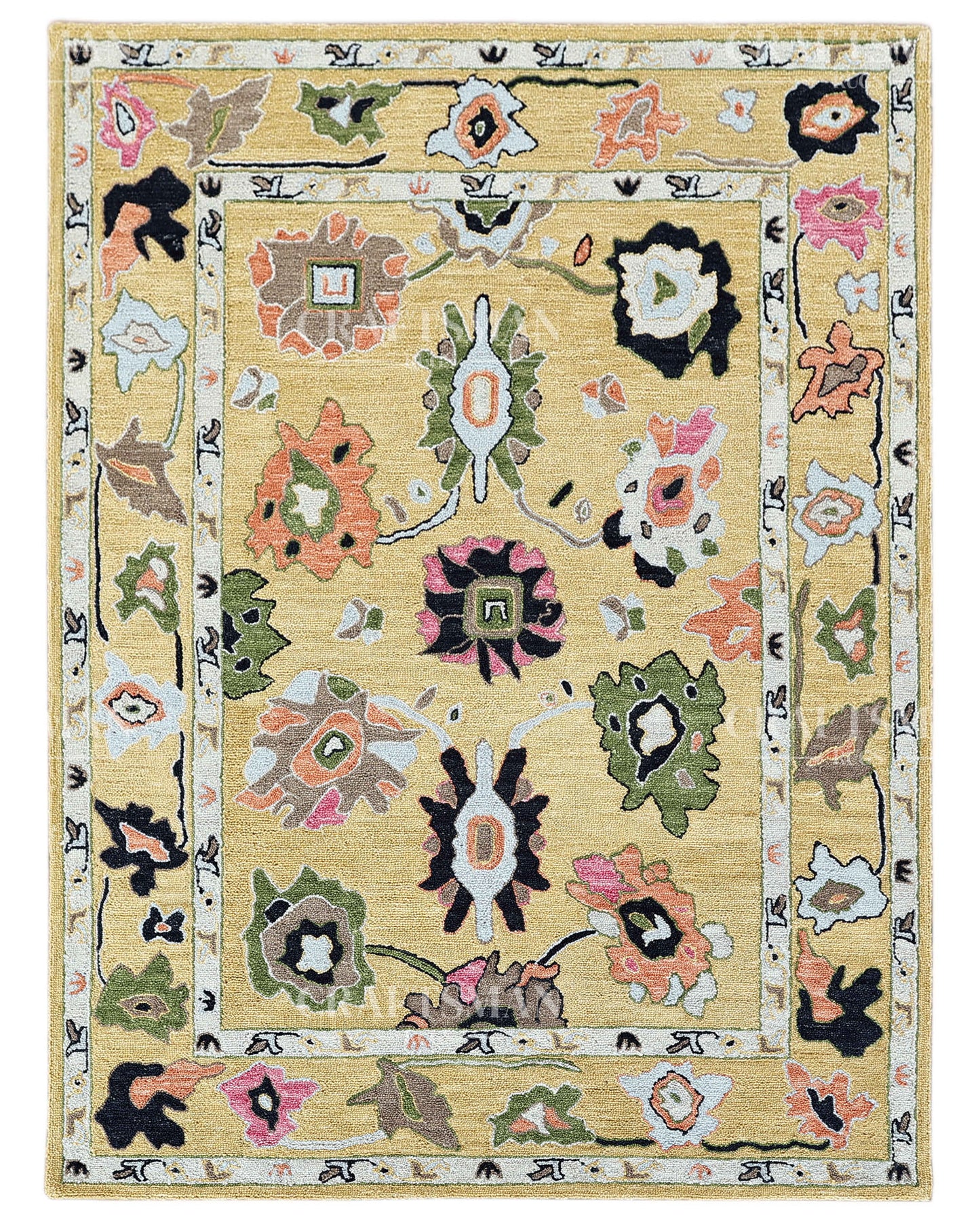 6x8 ft Hand Tufted Loop Pile Rug – Oushak Inspired Floral Design – Premium Wool Area Rug for Living Room & Bedroom