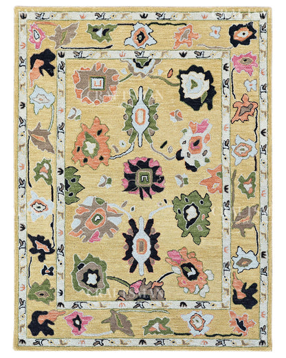 6x8 ft Hand Tufted Loop Pile Rug – Oushak Inspired Floral Design – Premium Wool Area Rug for Living Room & Bedroom