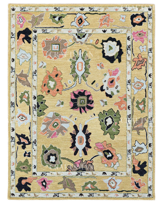 Oushak Inspired Hand Tufted Loop Pile Rug – Antique Mustard Floral Design