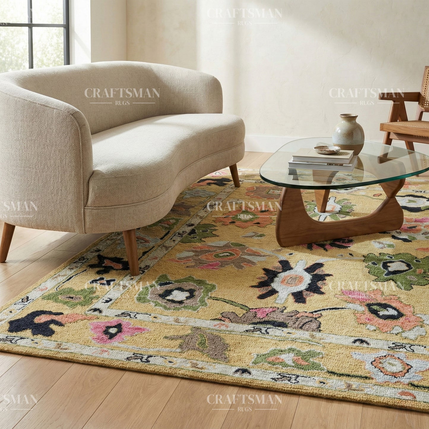 6x8 ft Hand Tufted Loop Pile Rug – Oushak Inspired Floral Design – Premium Wool Area Rug for Living Room & Bedroom