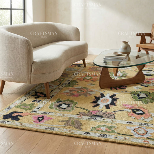 Oushak Inspired Hand Tufted Loop Pile Rug – Antique Mustard Floral Design